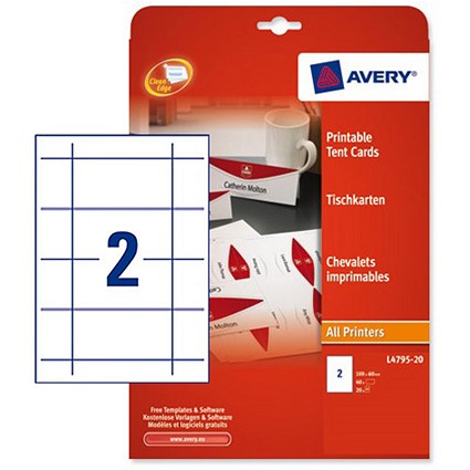 Avery Printable Business Tent Cards / 180mm x 60mm / 2 per Sheet / White / 190gsm / Pack of 40