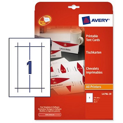 Avery Printable Business Tent Cards / 210mm x 60mm / 1 per Sheet / White / 190gsm / Pack of 20