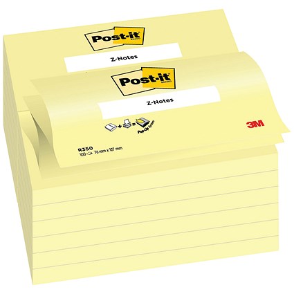 Post-it Z-Notes, 76 x127mm, Yellow, Pack of 12 x 100 Notes