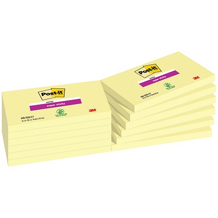 Post-it Super Sticky Notes, 76 x 127mm, Yellow, Pack of 12 x 90 Notes