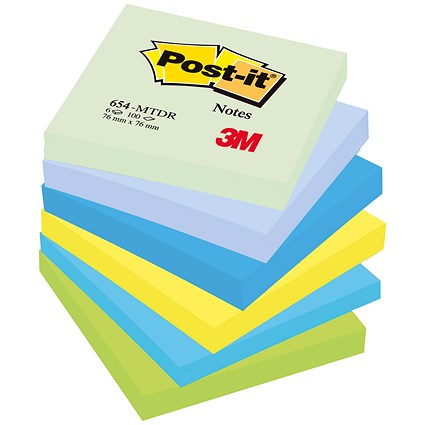 Post-it Colour Notes, 76x76mm, Dreamy Palette Rainbow Colours, Pack of 6 x 100 Notes