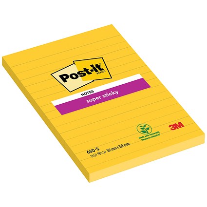 Post-it Super Sticky Ruled Notes, 102 x 152mm, Yellow, Pack of 6 x 90 Notes