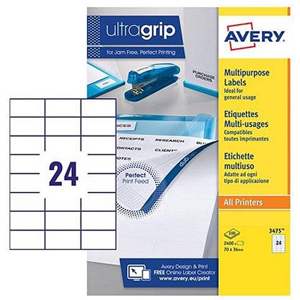 Avery White Multifunctional Labels, 24 per Sheet, 70x36mm, 3475, 2400 Labels