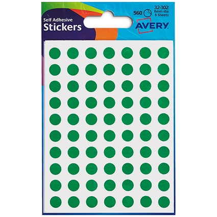 Avery Coloured Labels, 8mm Diameter, Green, 32-302, 10 x 560 Labels