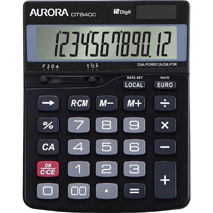 Aurora DT940C Semi Desktop Calculator, 12 Digit, Solar and Battery Power, Black