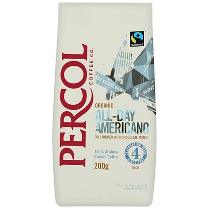 Percol Cafe Americano Fairtrade Organic High Roast Ground Arabica Coffee - 200g