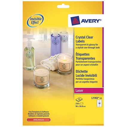 Avery Crystal Clear Labels, 10 Per Sheet, 96x50.8mm, L7783-25, 250 Labels