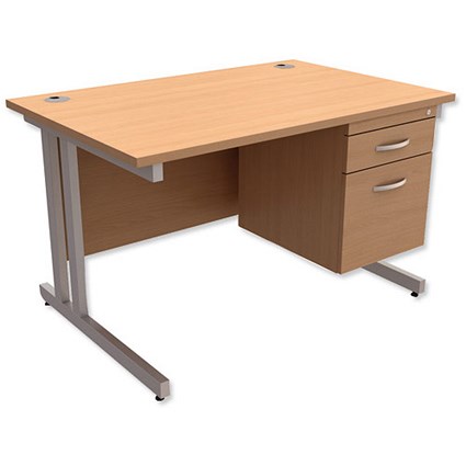 Trexus Contract Plus Rectangular Desk / With 2 Drawer Pedestal / Silver Legs / 1200mm Wide / Beech