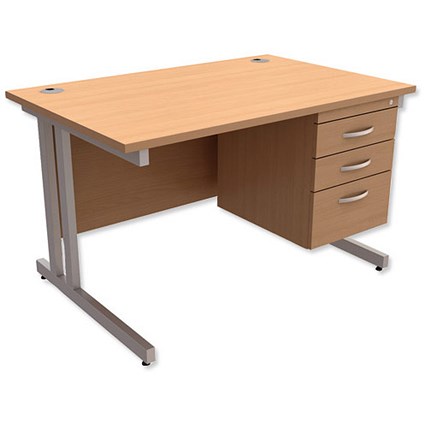 Trexus Contract Plus Rectangular Desk / With 3 Drawer Pedestal / Silver Legs / 1200mm Wide / Beech