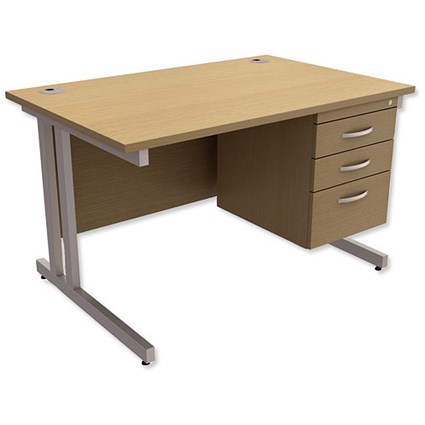 Trexus Contract Plus Rectangular Desk / With 3 Drawer Pedestal / Silver Legs / 1200mm Wide / Oak