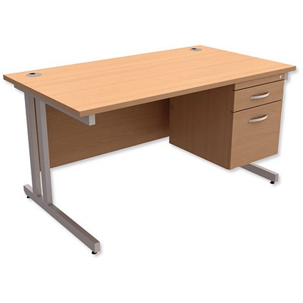 Trexus Contract Plus Rectangular Desk / With 2 Drawer Pedestal / Silver Legs / 1400mm Wide / Beech
