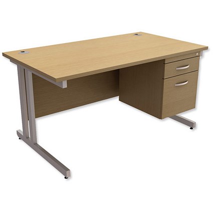 Trexus Contract Plus Rectangular Desk / With 2 Drawer Pedestal / Silver Legs / 1400mm Wide / Oak