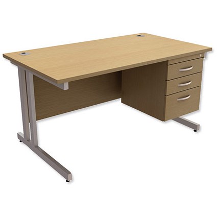 Trexus Contract Plus Rectangular Desk / With 3 Drawer Pedestal / Silver Legs / 1400mm Wide / Oak