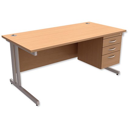 Trexus Contract Plus Rectangular Desk / With 3 Drawer Pedestal / Silver Legs / 1600mm Wide / Beech