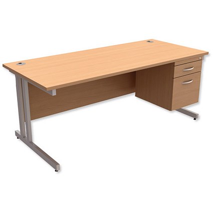 Trexus Contract Plus Rectangular Desk / With 2 Drawer Pedestal / Silver Legs / 1800mm Wide / Beech