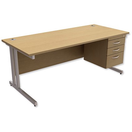 Trexus Contract Plus Rectangular Desk / With 3 Drawer Pedestal / Silver Legs / 1800mm Wide / Oak