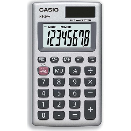 Casio Handheld Calculator, 8 Digit, 3 Key, Solar and Battery Power, Silver