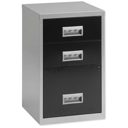 Pierre Henry Combi Metal Filing Cabinet - 3 Drawers - A4 - Silver and Black