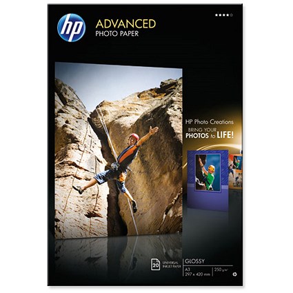 HP A3 Advanced Glossy Photo Paper / White / 250gsm / Pack of 20
