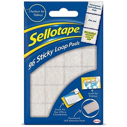 Sellotape Sticky Loop Pads, 20x20mm, White, 96 Pads
