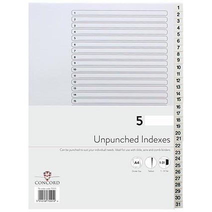 Concord Presentation Index / Unpunched / White Mylar Tabs / 1-31 / A4 / White / Pack of 5