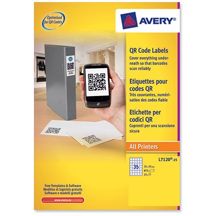Avery Blockout QR Code Labels / 35 per Sheet / 35x35mm Square / White / L7120-25 / 875 labels