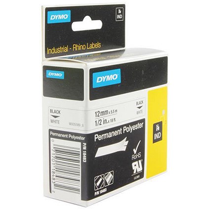 Dymo RhinoPRO Industrial Tape Permanent Polyester 12mmx5.5m White Ref S0718210
