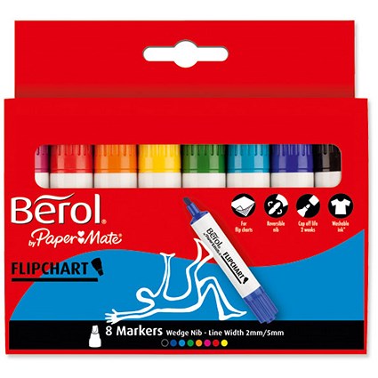 Berol Flipchart Markers / Water-based / Wedge Nib / Assorted Colours / Pack of 8