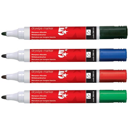 5 Star Drywipe Marker, Bullet Tip, Assorted Colours, Pack of 12