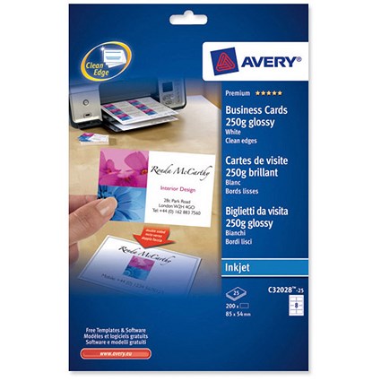 Avery Quick and Clean Inkjet Gloss Business Cards / 85mm x 54mm / 8 per Sheet / 250gsm / Pack of 200