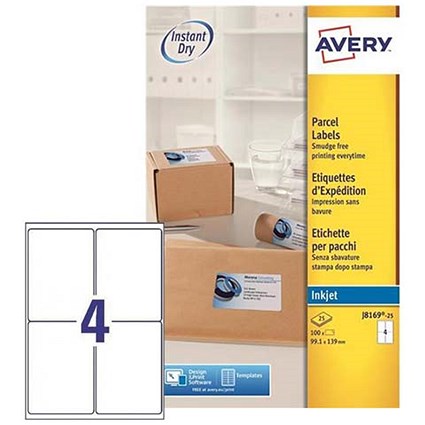 Avery Quick DRY Inkjet Addressing Labels / 4 per Sheet / 139x99.1mm / White / J8169-25 / 100 Labels