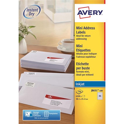 Avery Inkjet Mini Labels, 65 per Sheet, 38.1x21.2mm, White, J8651-100, 6500 Labels