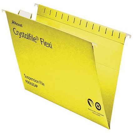 Rexel CrystalFiles FlexiFiles Suspension Files / V Base / 15mm Capacity / Foolscap / Yellow / Pack of 50