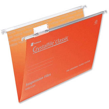 Rexel CrystalFiles Classic Suspension Files / V Base / 15mm Capacity / Foolscap / Orange / Pack of 50