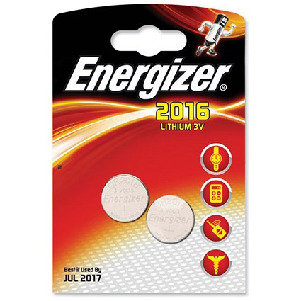 Energizer CR2016 Lithium Battery for Small Electronics, 5000LC, 90mAh, 3V, Pack of 2