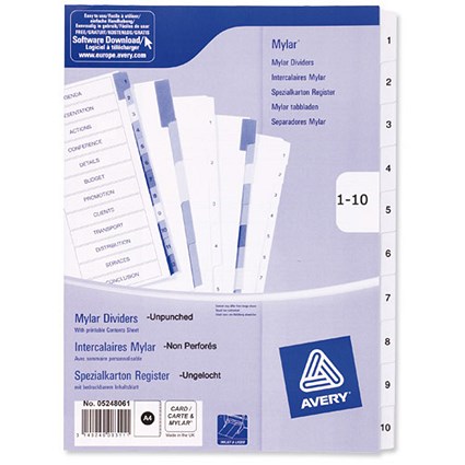 Avery Index Dividers, Unpunched, 1-10, A4, White, Pack of 10