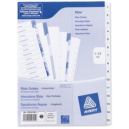 Avery Index Dividers, Unpunched, 1-15, A4, White, Pack of 5