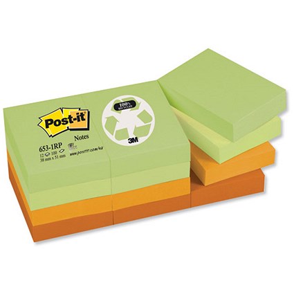 Post-it Recycled Notes, 38x51mm, Pastel Rainbow, Pack of 12 x 100 Notes