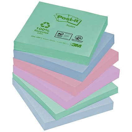 Post-it Recycled Notes, 76x76mm, Pastel Rainbow, Pack of 12 x 100 Notes