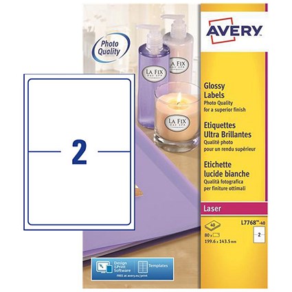 Avery Colour Laser Addressing Labels / 2 per Sheet / 199.6x143.5mm / L7768-40 / 80 Labels