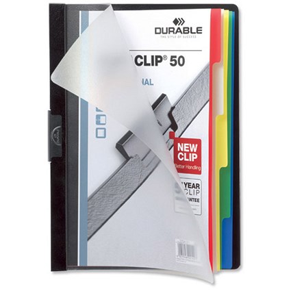 Durable Duraclip 50 Index Folders with 5-Part Divider for 50 Sheets / A4 / Black / Pack of 25