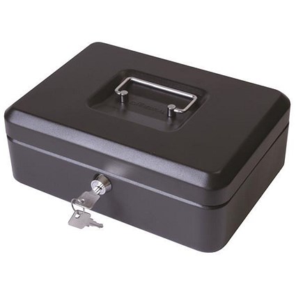 Cash Box with Lock & 2 Keys Removable Coin Tray 12 Inch W300xD240xH70mm Black