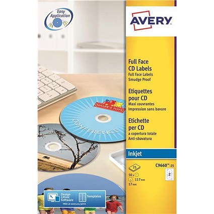 Avery Inkjet CD/DVD Labels / 2 per Sheet / 117mm Diameter / Photo Quality Glossy / C9660-25 / 50 Labels