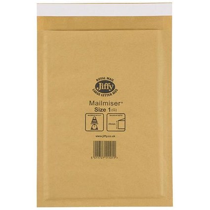 Jiffy Mailmiser No.1 Bubble-lined Protective Envelopes / 170x245mm / Gold / Pack of 100