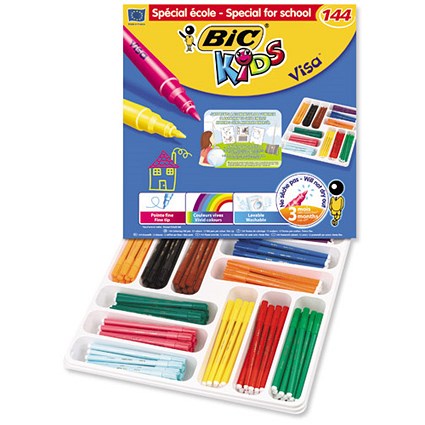Bic Kids Visa Felt Tip Pens / Ultra-washable / Water-based / Fine / Assorted Colours / Pack of 144