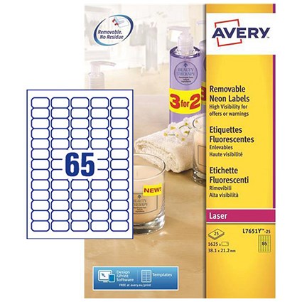 Avery Promotional Laser Mini Labels, 65 per Sheet, 38.1x21.2mm, Neon Yellow, L7651Y-25, 1625 Labels