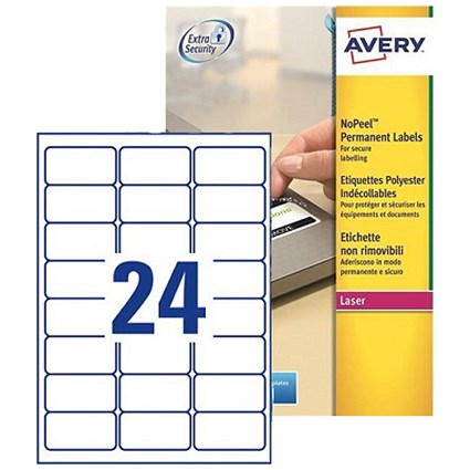 Avery NoPeel Tamper-proof Labels / 24 per Sheet / 63.5x33.9mm / White / L6146-20 / 480 Labels