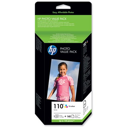 HP 110 Photo Pack - Includes 1 Tri-Colour Cartridge and 140 Sheets of 10x15cm Paper