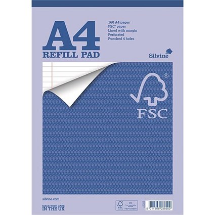 Silvine Headbound Refill Pad / A4 / Feint Ruled with Margin / 4-Holes / 160 Pages / Pack of 5