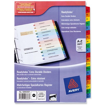 Avery ReadyIndex Dividers, A-Z, Multicoloured Mylar Tabs, A4, White